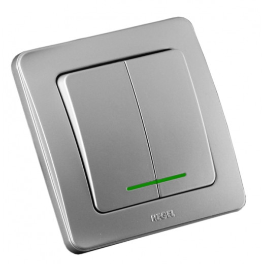 ВС10-352-06 Выключатель скрытой установки, двухклавишный, с индикацией, цвет серебро