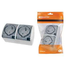 TDM Розетка двойная 2П+3 открытой установки IP54 16А с прозрачной крышкой белая 