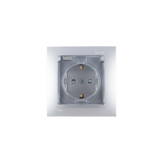 Simon 15 Алюминий Розетка 2Р+Е Schuko, со шторками, с крышкой, IP44, 16А, 250В, винт.заж.
