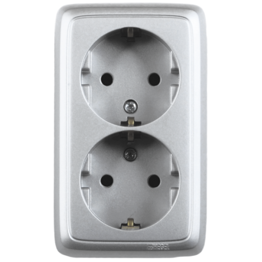РА16-151-06 Розетка открытой установки, двухместная, с заземляющим контактом, цвет серебро
