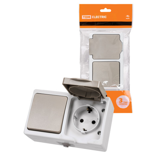 Блок (горизонтальный) выключатель 1-кл. + розетка 2П+З с з/ш БКВР IP54 серый 