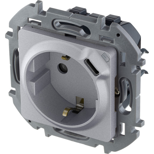 Розетка с заземлением с USB тип C - Legrand Inspiria - со шторками 16А 250В 1500мА 5В безвинтовые зажимы - алюминий