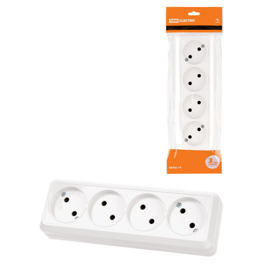 Розетка 4-х местная горизонтальная 2П открытой установки IP20 10A белая 