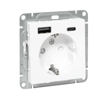 EKF Эпика Механизм розетки с USB-A+С - 2шт, 16А, с заземлением, со шторками, белый.