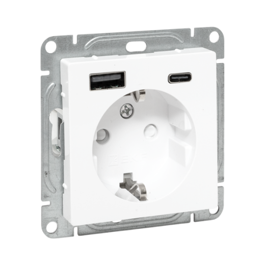Механизм розетки с USB-A+С - 2шт, 16А, с заземлением, со шторками, белый Эпика EKF