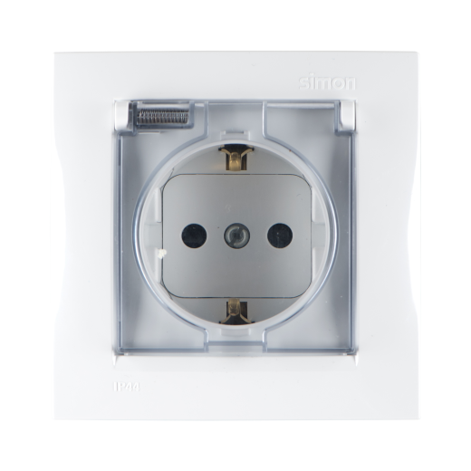 Simon 15 Белый Розетка 1-я с/з с крышкой с защитными шторками, IP44 (в сборе с рамкой)