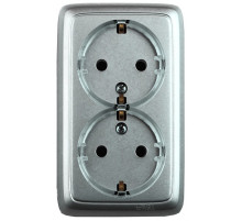 Hegel Альфа наруж Серебро РА16-184-06 Розетка с/з двойная, со шторками, с изол. пластиной