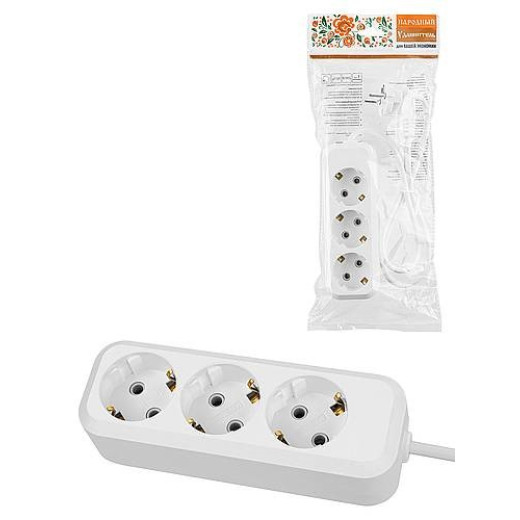 Удлинитель 3 гнезда, 5 метров, с/з, 16 А, 3680 Вт, белый, НАРОДНЫЙ