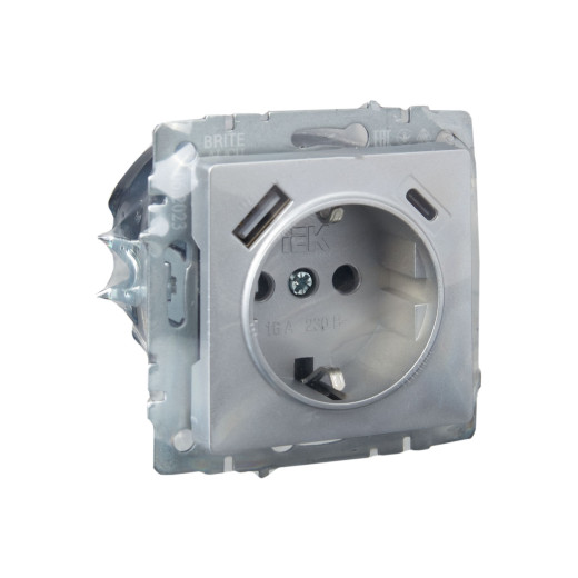 BRITE Роз. с з/к/ш 16А с USB A+C 18Вт РЮш11-1-БрА алюм. IEK