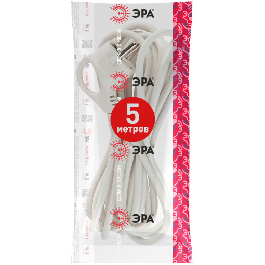 Шнур сетевой с вилкой ЭРА  U-3x1-5m-W с заземлением 5м ПВС 3x1мм2 белый