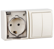 Simon 15 Aqua Бежевый Блок: Розетка 2P+E Schuko 16А 250В + выключатель двойной 10А 250В, IP54