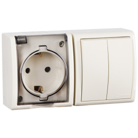 Simon 15 Aqua Бежевый Блок: Розетка 2P+E Schuko 16А 250В + выключатель двойной 10А 250В, IP54