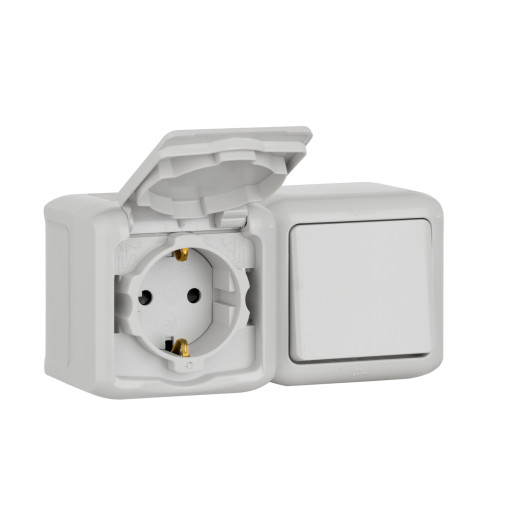 Блок выключатель и розетка с заземлением с защитными шторками - Legrand Quteo - IP44 16А 250В винтовые зажимы накладной монтаж - серый