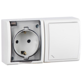 Simon 15 Aqua Белый Блок: Розетка 2P+E Schuko 16А 250В + выключатель проходной 10А 250В, IP54