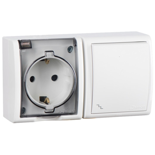 Simon 15 Белый Блок, розетка 2P+E Schuko 16А 250В + выкл.проходной 10А 250В, IP54