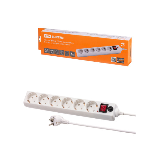 Сетевой фильтр СФ-06В выключатель, 6 гнезд, 1,5 метра, с/з, ПВС 3х0,75мм2 10А/250В белый TDM