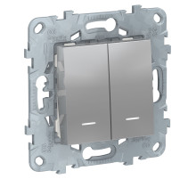 Schneider Electric Unica New Алюминий Выключатель 2-клавишный, 2 модуля, с подсветкой, 2 х сх. 1а