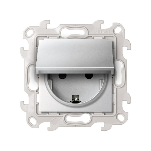 Simon 24 алюминий Розетка IP44 с крышкой, заземлением и шторками Schuko 2Р+Е 16A 250В~  Harmonie