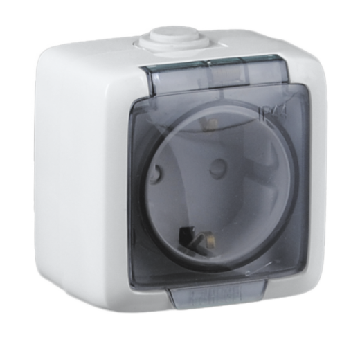 РА16-211 Розетка открытой установки, одноместная, с заземляющим контактом, брызгозащищенная, цвет белая