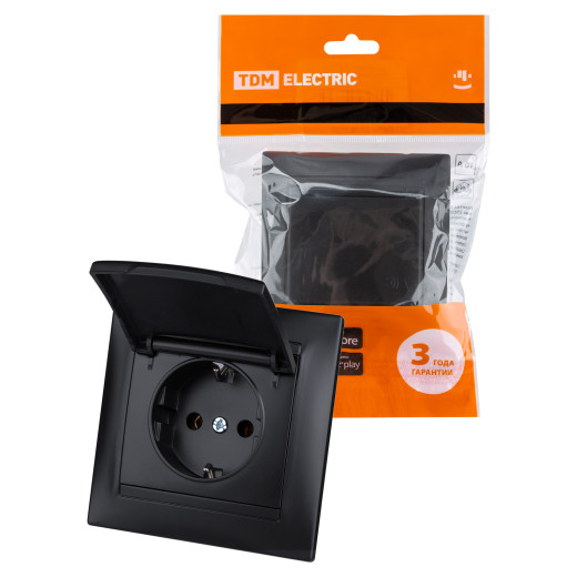 Розетка 2П+З 16А 250В IP44 с крышкой графит 