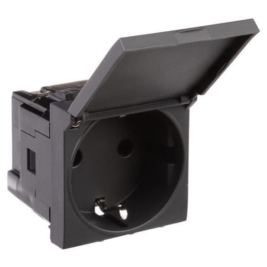 Розетка с крышкой модульная, 2P+E, с з/ш, Avanti, черный матовый, 2модуля