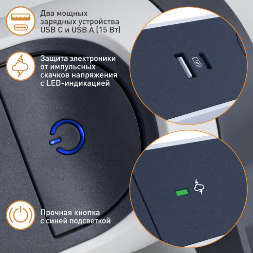 Удлинитель с заземлением Legrand 3 розетки с кабелем 1,5 м., с 2xUSB A+C (3А) зарядками, защитой от импульсных перенапряжений, кнопкой включения и поворотным основанием, цвет: бело-черный