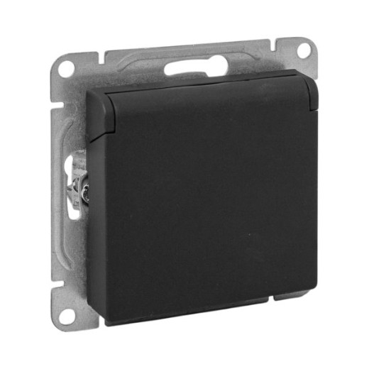 Механизм розетки, 16А, IP44, с заземлением, со шторками, c крышкой, чёрный Эпика EKF