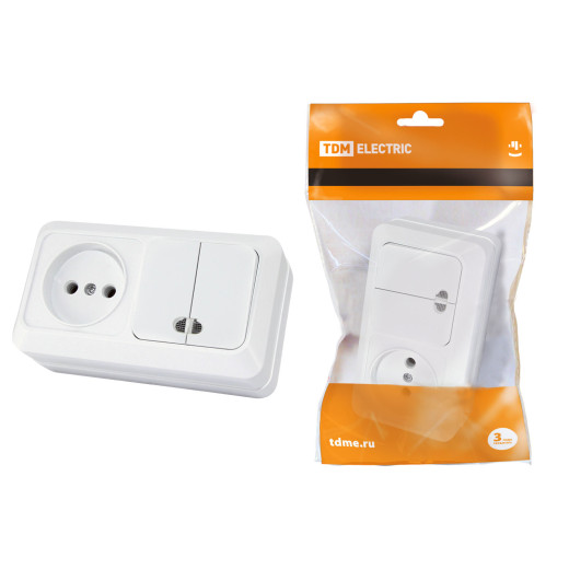 Блок комбинированный выкл. 2-кл. с/п 10А + розетка 2П 10А 250В БКВР IP20 белый 