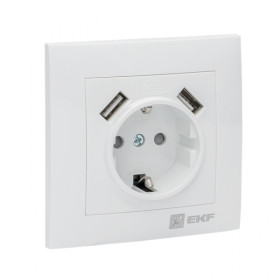 EKF PROxima Валенсия розетка 1-местная с/з 16А белая с защ. штор. с 2 USB 2,1А.