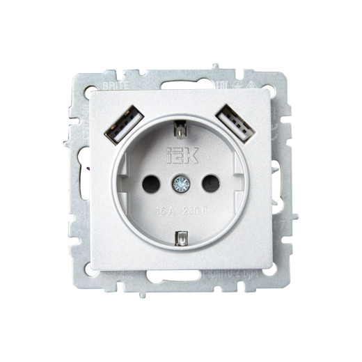 BRITE Роз. с з/к/ш 16А с USB A+A 3,1А РЮш10-2-БрА алюм. IEK