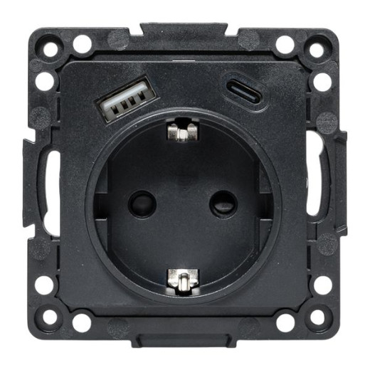 Стокгольм Механизм Розетки 1-местной с/з, USB A+C 16А винтовые клеммы черный с защ. штор. EKF