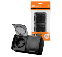 TDM Розетка двойная 2П+3 открытой установки IP54 16А с прозрачной крышкой графит 