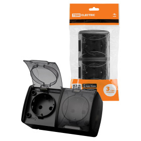 TDM Розетка двойная 2П+3 открытой установки IP54 16А с прозрачной крышкой графит 