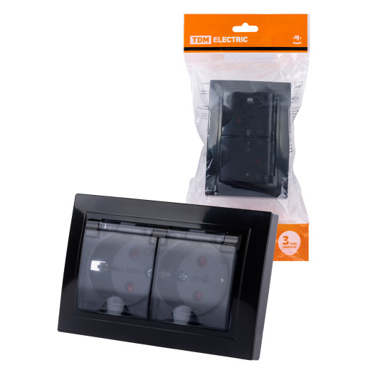 Розетка двойная 2П+З с защ. шт. и прозрачной крышкой 16А 250В IP44 антрацит 