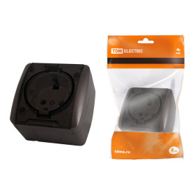 TDM Розетка 2П+3 открытой установки IP54 16А с прозрачной крышкой шоколад 