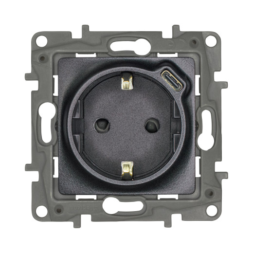 Розетка с заземлением с USB тип C - Legrand Etika - со шторками 16А 250В 1500мА 7,5Вт безвинтовые зажимы - антрацит