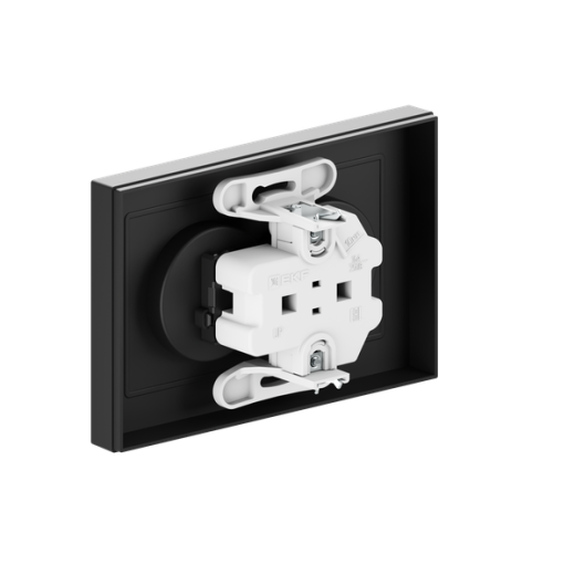 Механизм розетки двойной, 16А, без заземления, со шторками, с рамкой, чёрный Эпика EKF