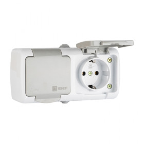 EKF PROxima Мурманск Розетка 2-местная 16А с заземлением с крышкой IP54 серый с защитными шторками.