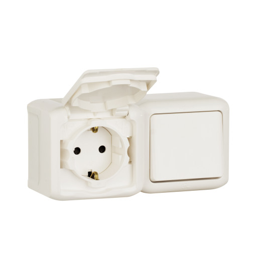 Блок выключатель и розетка с заземлением с защитными шторками - Legrand Quteo - IP44 16А 250В винтовые зажимы накладной монтаж - белый