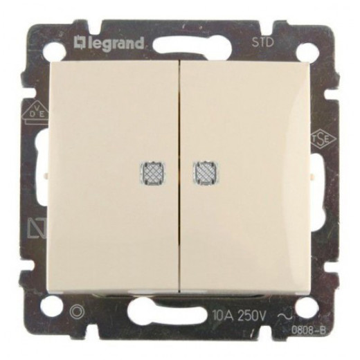 Выключатель двухклавишный с подсветкой - Legrand Valena - 10А 250В схема 5L безвинтовые зажимы - слоновая кость