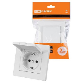 TDM Розетка 2П+З 16А 250В IP44 с защ. шт. с крышкой белая 