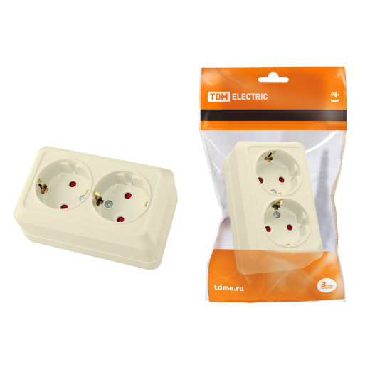 Розетка двойная 2П+З открытой установки с з/ш IP20 16А, слоновая кость 