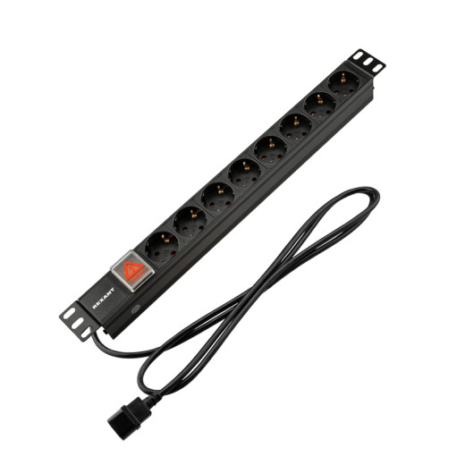 Блок распределения питания PDU горизонтальный 1U 8 розеток СЕЕ 7/4 Schuko 10A выкл алюм корп шнур 2м вилка C14 черный REXANT