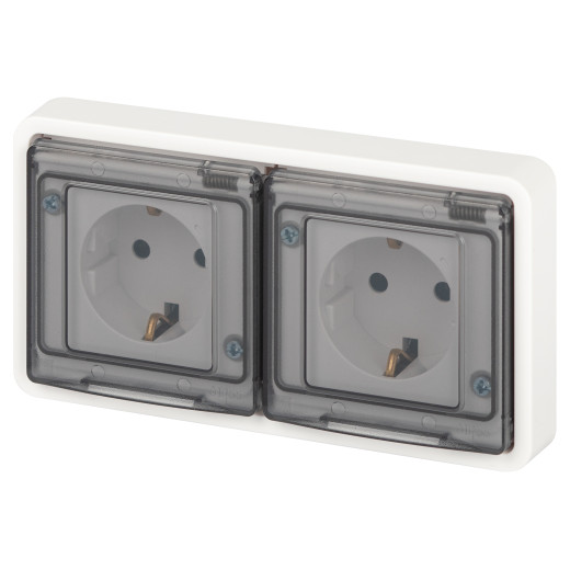 Розетка ЭРА Эксперт 11-2523-01 двойная с заземлением с крышкой 2х2P+E горизонт. IP55 16A-250В СУ белый