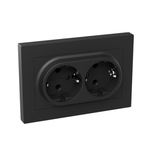Механизм розетки двойной, 16А, с заземлением, без шторок, с рамкой, чёрный Эпика EKF