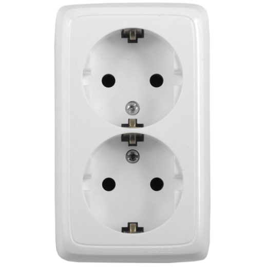 РА16-155 Розетка открытой установки, двухместная, с заземляющим контактом, с монтажной пластиной, цвет белый