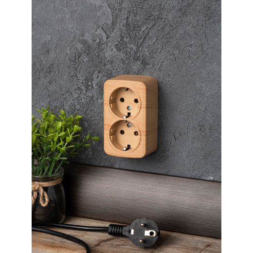 Розетка 2-местная ОП Минск 16А с заземлением светлое дерево EKF