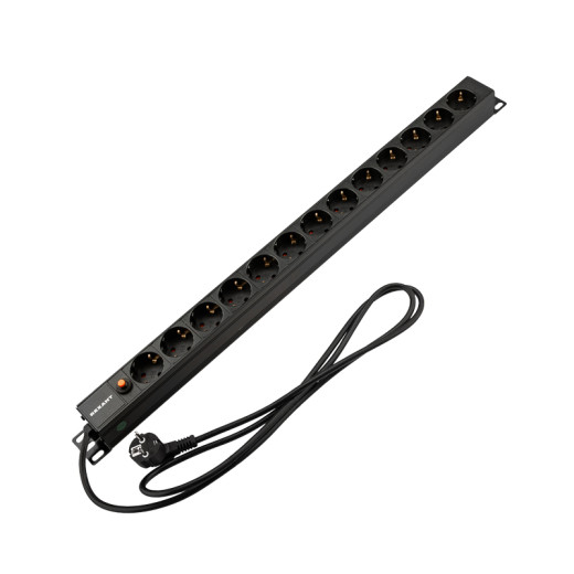 Блок распределения питания PDU вертикальный 13 розеток СЕЕ 7/4 Schuko 16A фильтр без выкл алюм корп шнур 2м вилка СЕЕ 7/7 Schuko черный REXANT