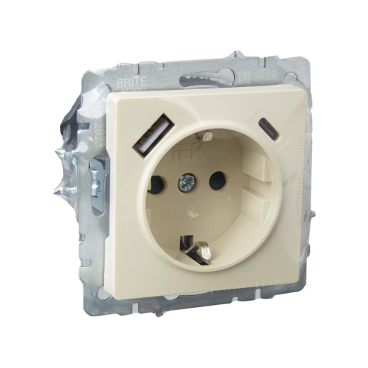 BRITE Роз. с з/к/ш 16А с USB A+C 18Вт РЮш11-1-БрКр беж. IEK