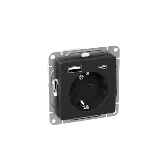 Механизм розетки с USB-A+С - 2шт, 16А, с заземлением, со шторками, чёрный Эпика EKF